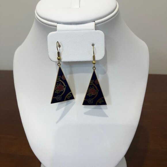 Triangle Floral Blue Dangle Earrings. - Picture 9 of 10